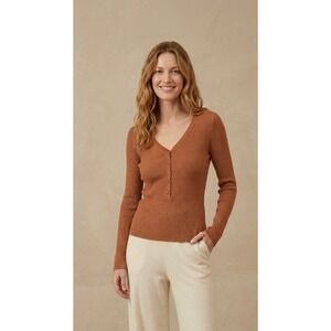 Naadam Silk Cashmere Ribbed Henley Sweater Ginger Brown V-Neck XS